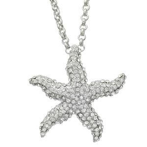 Clear Rhinestone Pave Starfish Silver Long Necklace